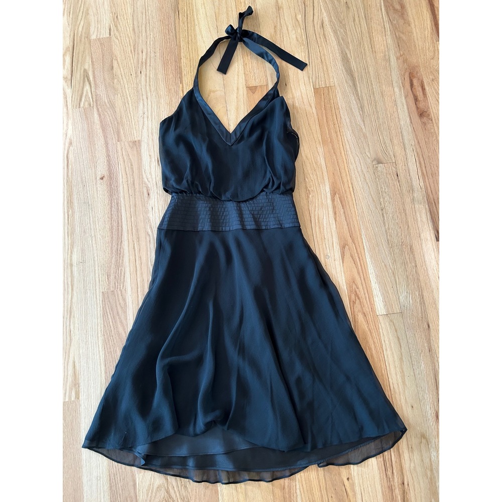 Y2K Silk Laundry Design Halter Cocktail Dress Womens 4 Black Chiffon Satin Trim